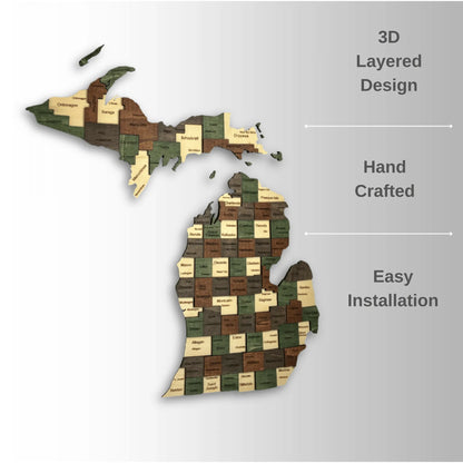 3D Wooden Michigan State Map Wall Art