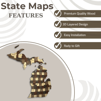 3D Wooden Michigan State Map Wall Art