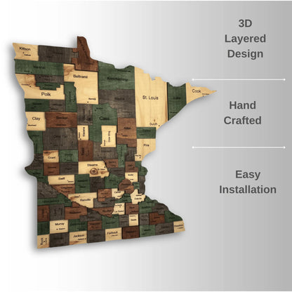 3D Wooden Minnesota State Map Wall Art