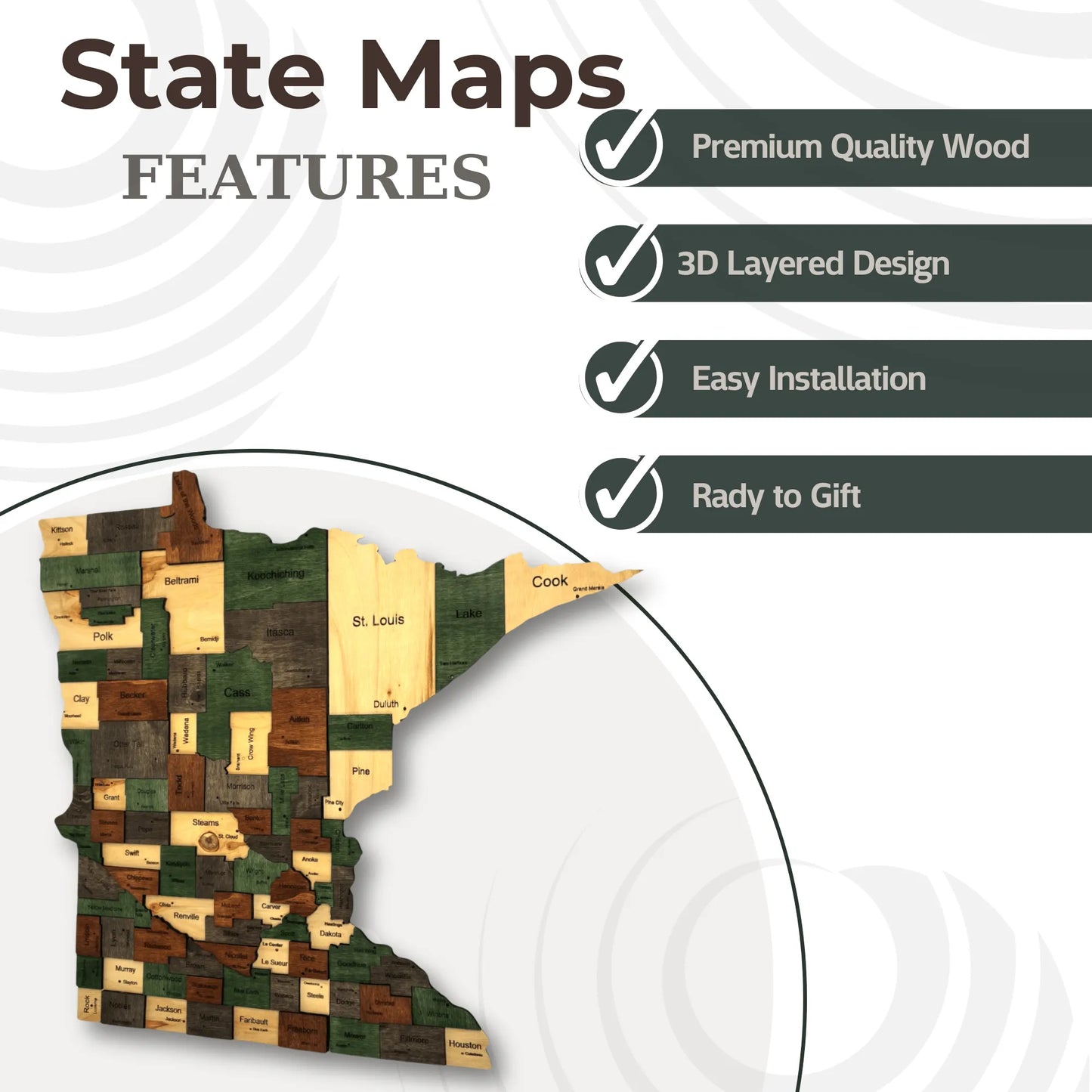 3D Wooden Minnesota State Map Wall Art