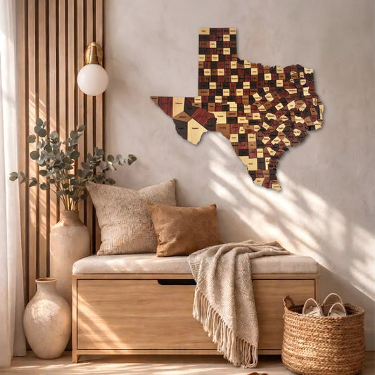 Premium Wooden Texas Map Wall Art – Large Natural Hardwood Texas State Map with Counties (No Paint)