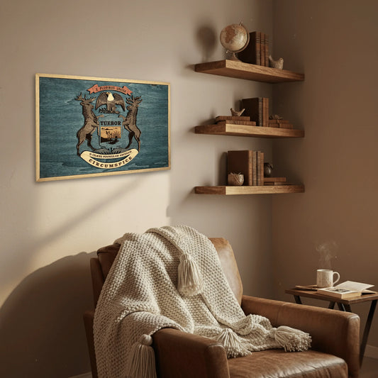 Wooden Michigan State Flag Wall Art – Handcrafted Wood Decor